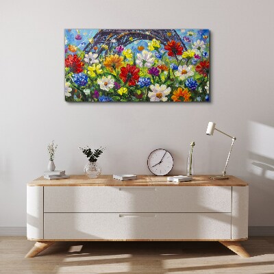 Foto leinwand Blumenlandschaft mit dem Eiffelturm