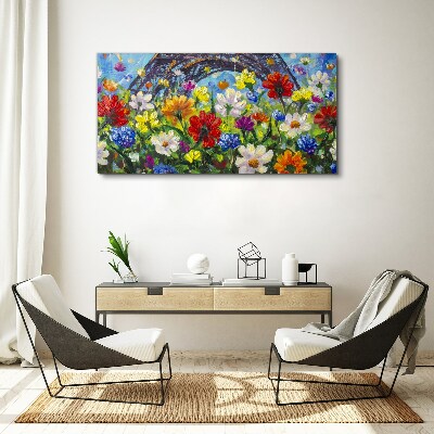 Foto leinwand Blumenlandschaft mit dem Eiffelturm
