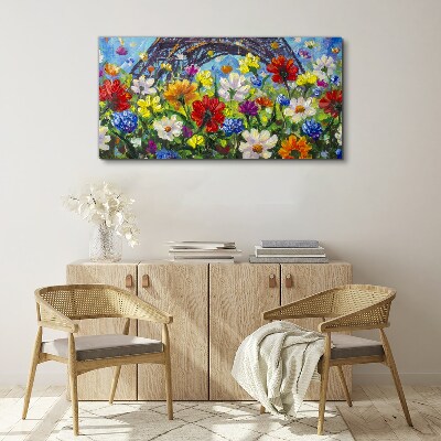 Foto leinwand Blumenlandschaft mit dem Eiffelturm