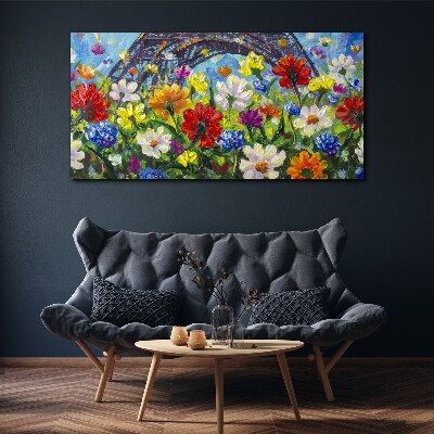 Foto leinwand Blumenlandschaft mit dem Eiffelturm