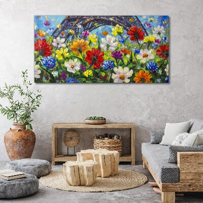 Foto leinwand Blumenlandschaft mit dem Eiffelturm