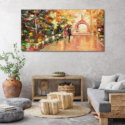 Bild auf leinwand Herbstliche Gasse mit Sonnenschirmen