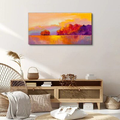 Foto auf leinwand Farbenprächtiger Sonnenuntergang über der Wiese