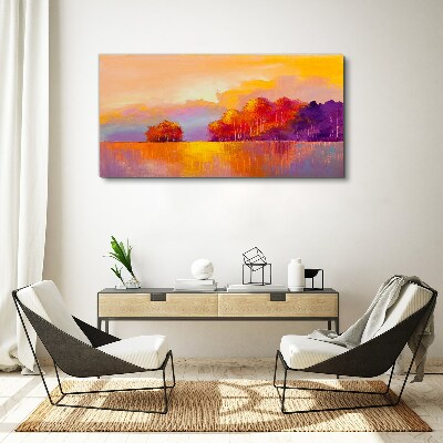 Foto auf leinwand Farbenprächtiger Sonnenuntergang über der Wiese
