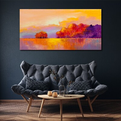 Foto auf leinwand Farbenprächtiger Sonnenuntergang über der Wiese