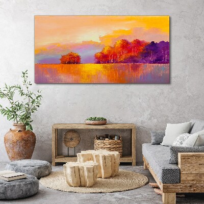 Foto auf leinwand Farbenprächtiger Sonnenuntergang über der Wiese