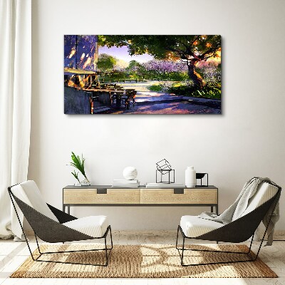 Foto auf leinwand Frühlingslandschaft mit blühenden Bäumen