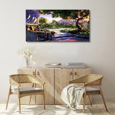 Foto auf leinwand Frühlingslandschaft mit blühenden Bäumen