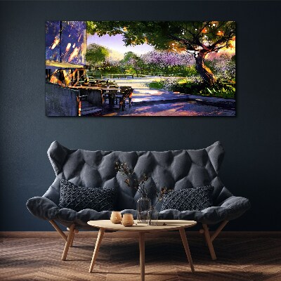 Foto auf leinwand Frühlingslandschaft mit blühenden Bäumen