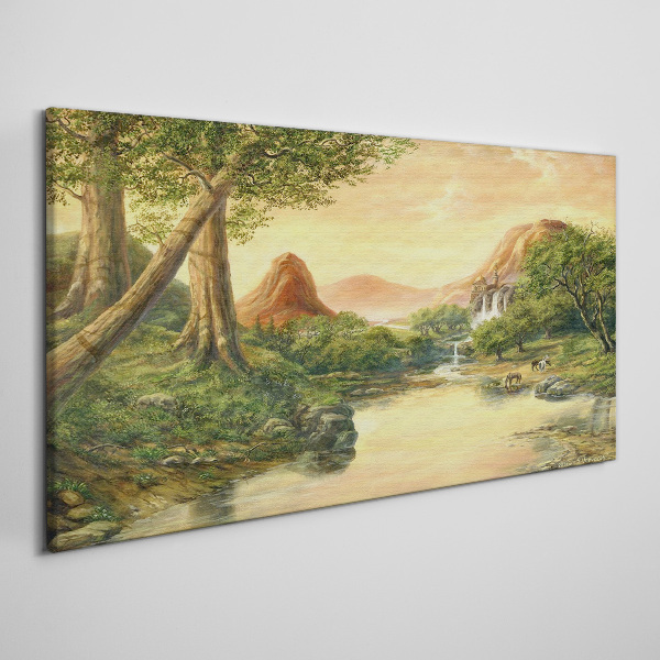 Foto auf leinwand Eine friedliche Landschaft mit einem Fluss und Bäumen