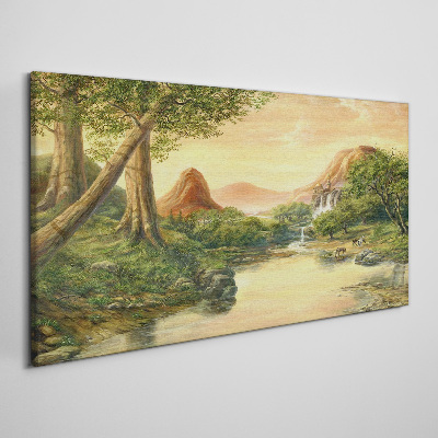 Foto auf leinwand Eine friedliche Landschaft mit einem Fluss und Bäumen