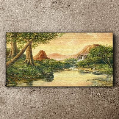 Foto auf leinwand Eine friedliche Landschaft mit einem Fluss und Bäumen