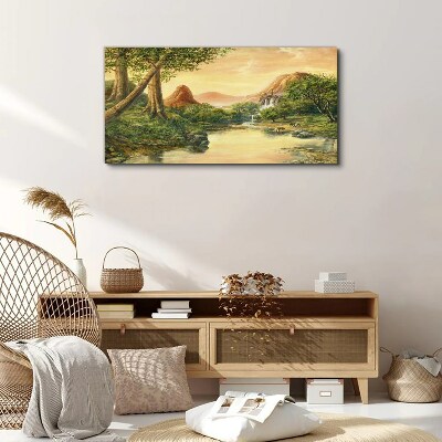 Foto auf leinwand Eine friedliche Landschaft mit einem Fluss und Bäumen