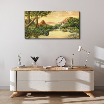 Foto auf leinwand Eine friedliche Landschaft mit einem Fluss und Bäumen