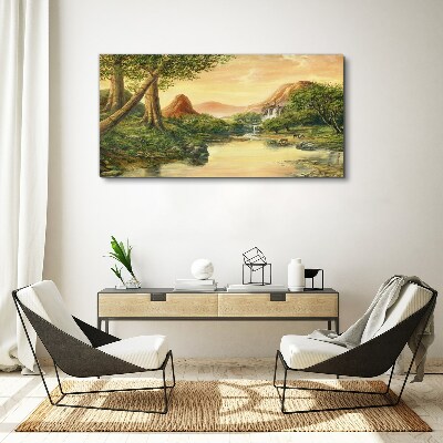 Foto auf leinwand Eine friedliche Landschaft mit einem Fluss und Bäumen