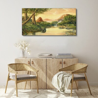 Foto auf leinwand Eine friedliche Landschaft mit einem Fluss und Bäumen