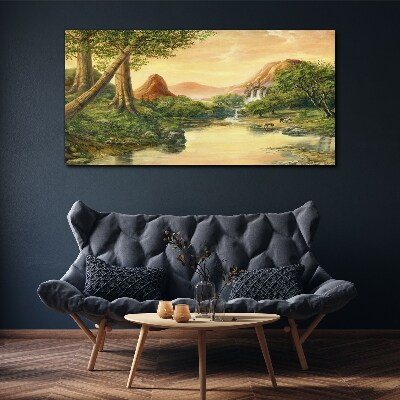 Foto auf leinwand Eine friedliche Landschaft mit einem Fluss und Bäumen