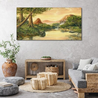 Foto auf leinwand Eine friedliche Landschaft mit einem Fluss und Bäumen