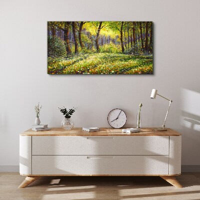 Bild auf leinwand Goldenes Licht im Waldhain