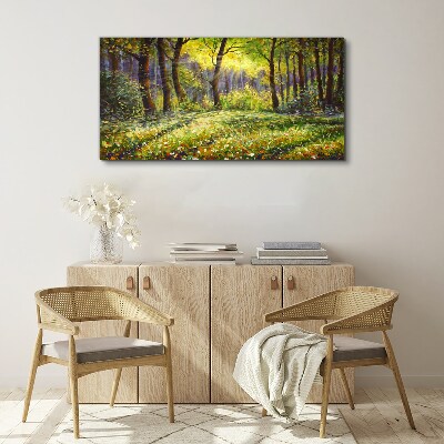 Bild auf leinwand Goldenes Licht im Waldhain