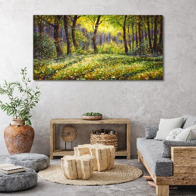 Bild auf leinwand Goldenes Licht im Waldhain