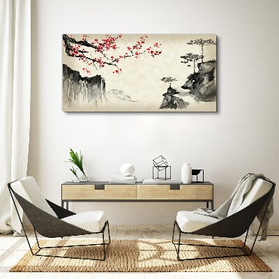 Foto auf leinwand Landschaft mit blühenden Zweigen