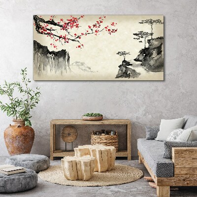 Foto auf leinwand Landschaft mit blühenden Zweigen