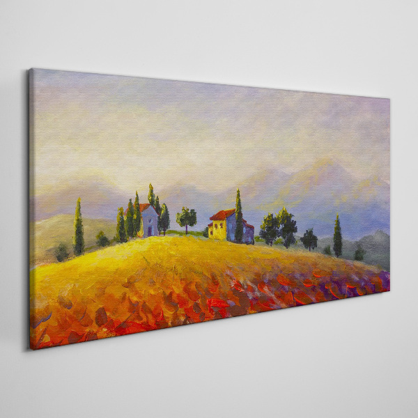 Bild auf leinwand Sonnige Landschaft mit Häusern auf einem Hügel