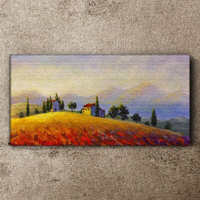 Bild auf leinwand Sonnige Landschaft mit Häusern auf einem Hügel