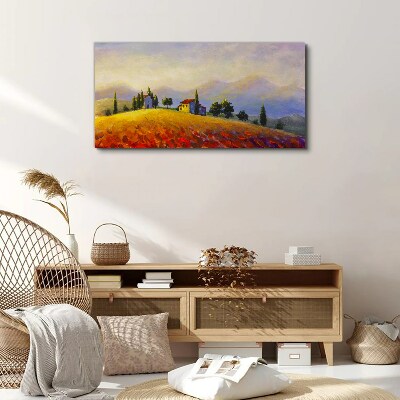 Bild auf leinwand Sonnige Landschaft mit Häusern auf einem Hügel