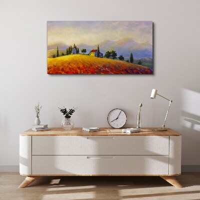 Bild auf leinwand Sonnige Landschaft mit Häusern auf einem Hügel