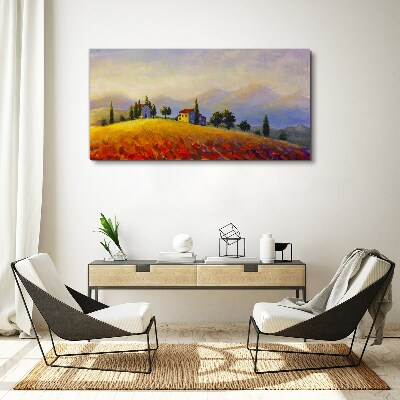 Bild auf leinwand Sonnige Landschaft mit Häusern auf einem Hügel