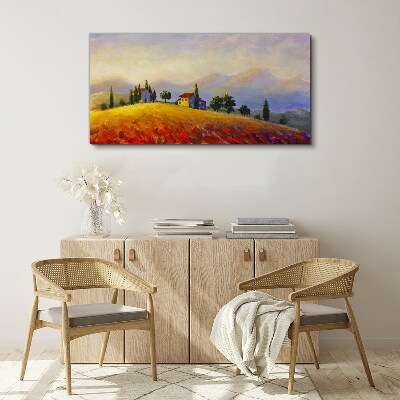Bild auf leinwand Sonnige Landschaft mit Häusern auf einem Hügel