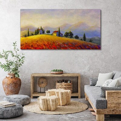 Bild auf leinwand Sonnige Landschaft mit Häusern auf einem Hügel