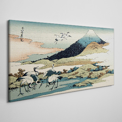 Foto auf leinwand Kraniche an einem Berg