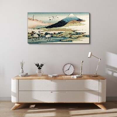 Foto auf leinwand Kraniche an einem Berg