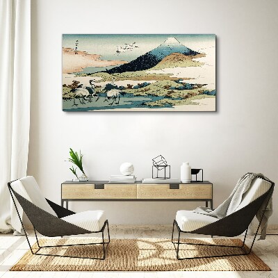 Foto auf leinwand Kraniche an einem Berg