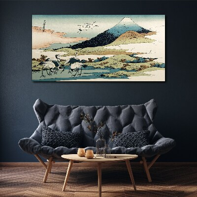 Foto auf leinwand Kraniche an einem Berg
