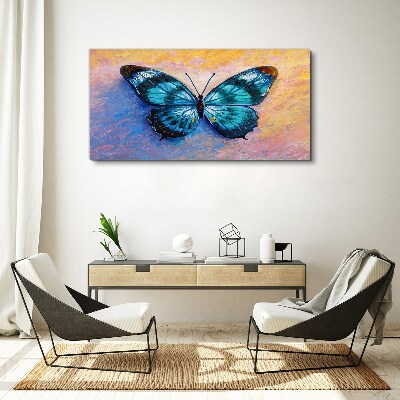 Foto auf leinwand Blauer Schmetterling auf pastellfarbenem Hintergrund