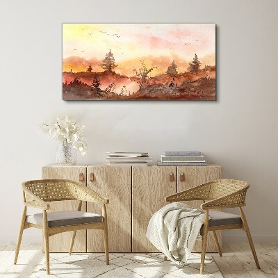 Foto auf leinwand Sonnenuntergang über einer Waldlandschaft