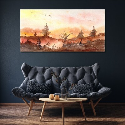 Foto auf leinwand Sonnenuntergang über einer Waldlandschaft