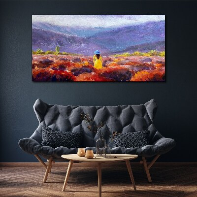 Foto auf leinwand Frau in einer violetten Landschaft