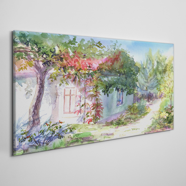 Foto auf leinwand Sommerlandschaft mit Haus und Bäumen