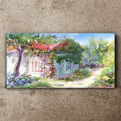 Foto auf leinwand Sommerlandschaft mit Haus und Bäumen