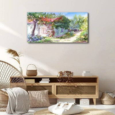 Foto auf leinwand Sommerlandschaft mit Haus und Bäumen