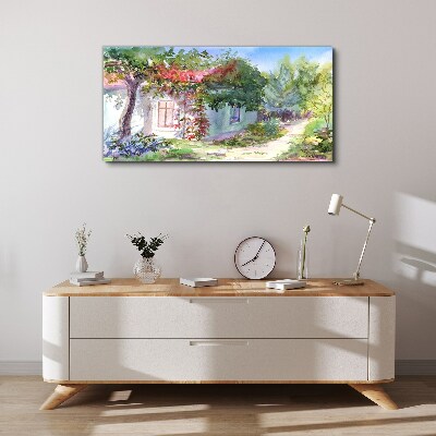 Foto auf leinwand Sommerlandschaft mit Haus und Bäumen