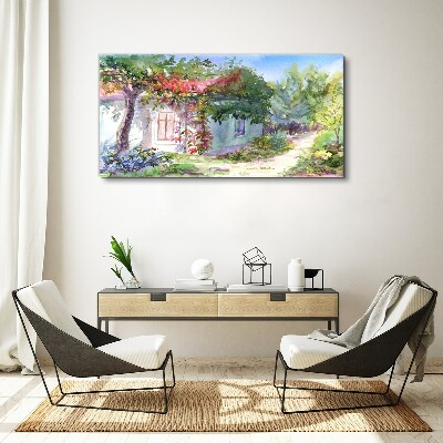 Foto auf leinwand Sommerlandschaft mit Haus und Bäumen