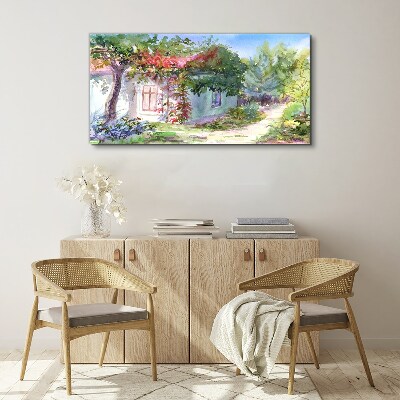 Foto auf leinwand Sommerlandschaft mit Haus und Bäumen