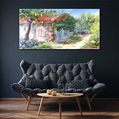 Foto auf leinwand Sommerlandschaft mit Haus und Bäumen