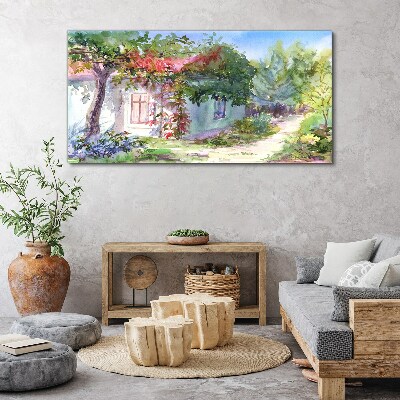 Foto auf leinwand Sommerlandschaft mit Haus und Bäumen